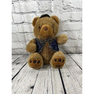 Mike Dog Stuffed Animal Bear Plush Newspaper Boy 10” Brown Jean Vest Hat